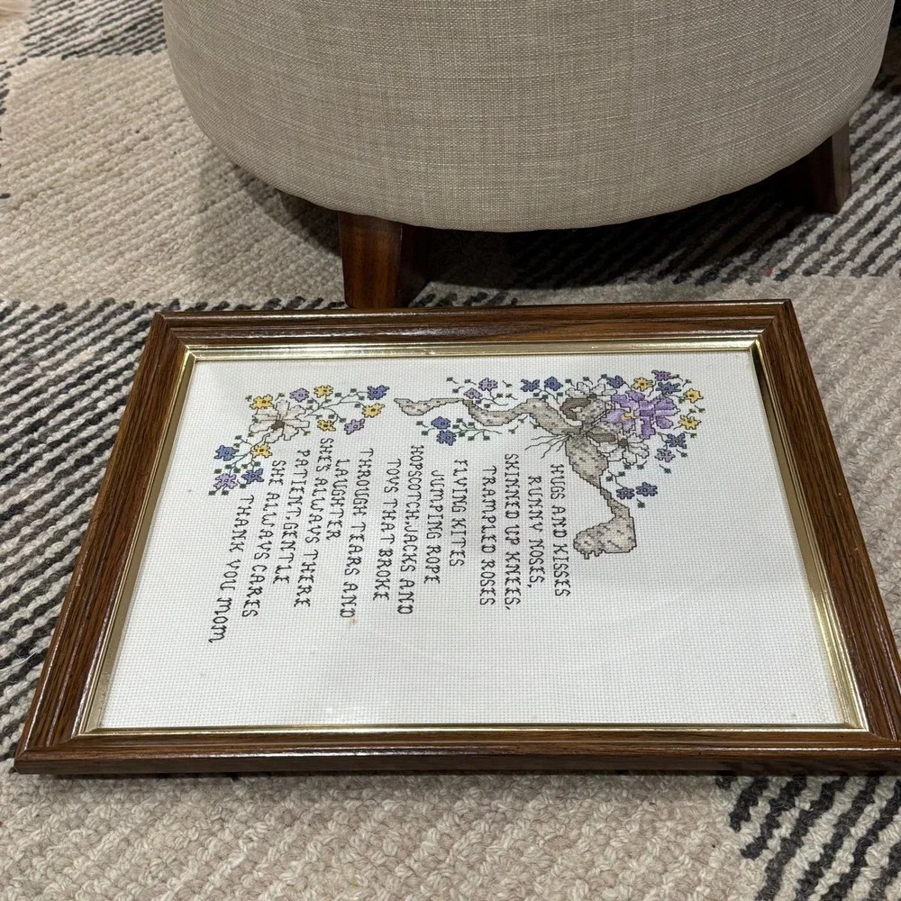 Vintage Handmade Cross Stitch Framed Wall Art Thank You Mom Poem Floral Decor‎